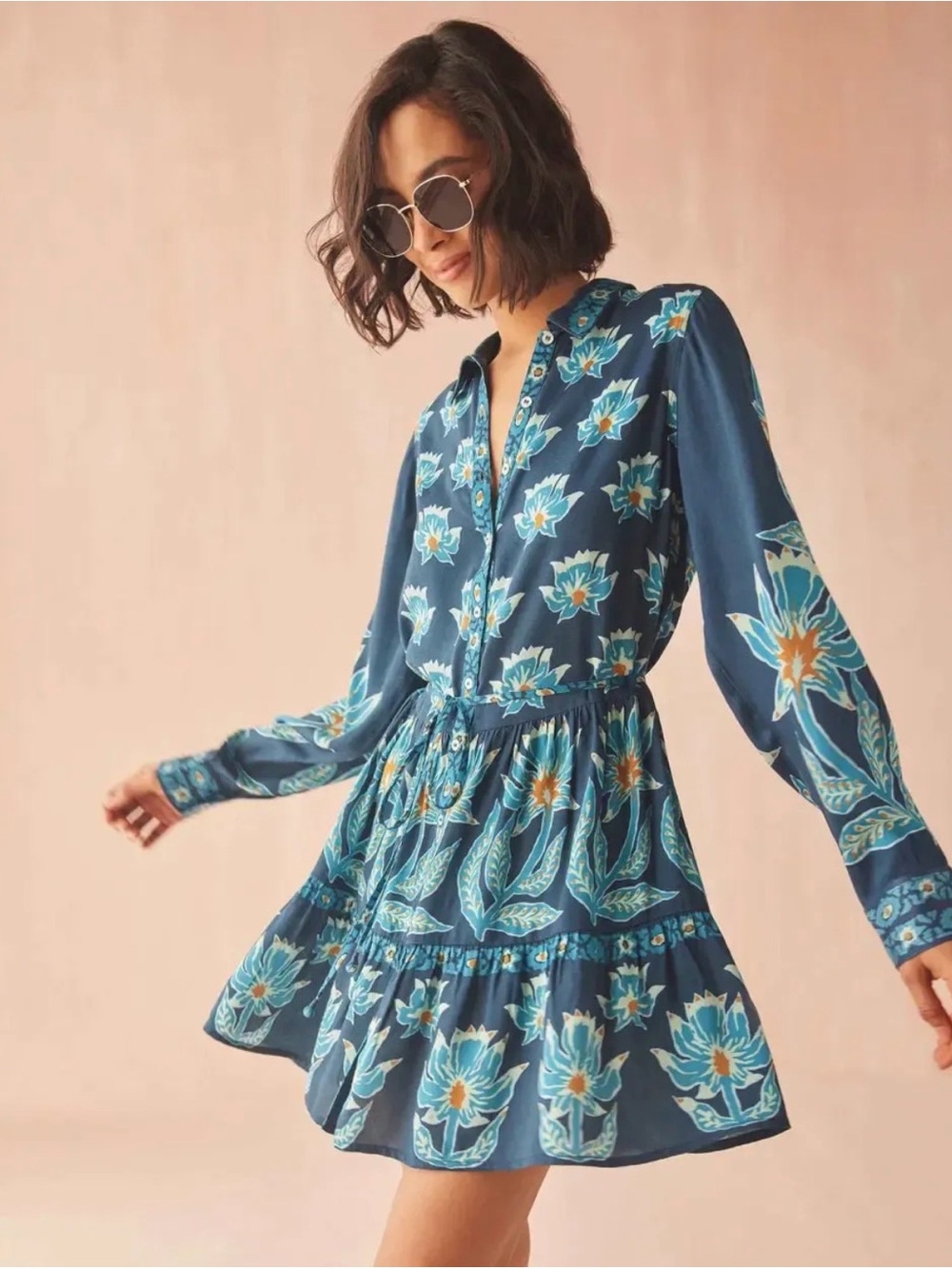 Omika Teal Floral Button-Front Shirt Dress, NWT
